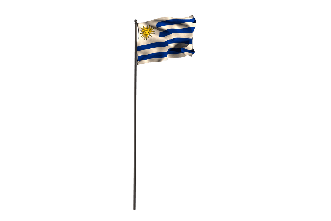 Waving Transparent Flag of Uruguay on Pole Against Clear Background