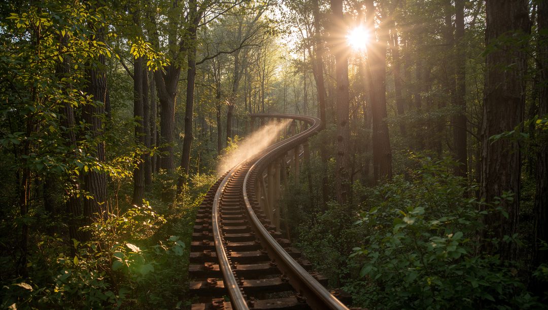 Sunrise Train Track Curving Through Misty Forest