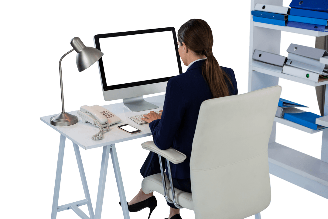 Transparent Background of Businesswoman Working on Computer at Desk
