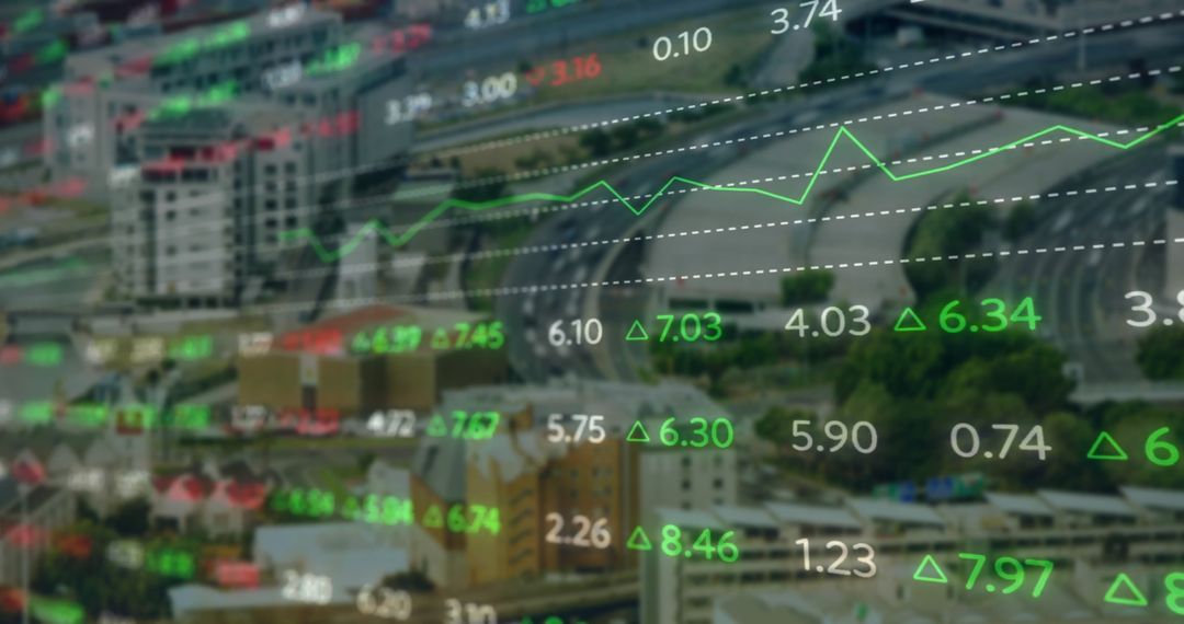 Financial Data Overlay on Urban Landscape with Rising Stock Trends