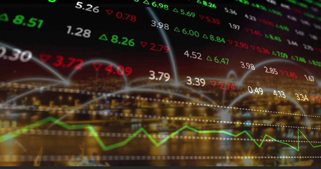 Futuristic Stock Data Visualization Over City Skyline at Night