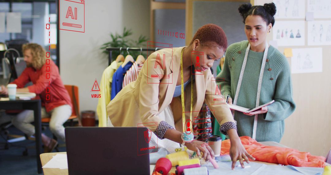 Fashion Designers Collaborating Over Fabric in Design Studio