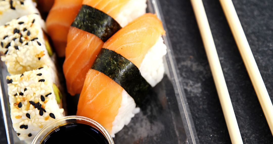 Assortment of Fresh Sushi Nigiri and Rolls with Soy Sauce - Free Images, Stock Photos and Pictures on Pikwizard.com