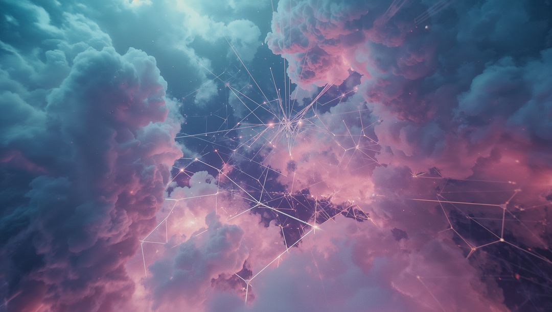 Digital Network Structures in Ethereal Pink and Teal Clouds