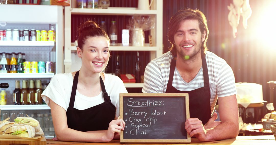 Smiling Cafe Baristas Promoting Smoothie Menu in Bright Cafe - Free Images, Stock Photos and Pictures on Pikwizard.com