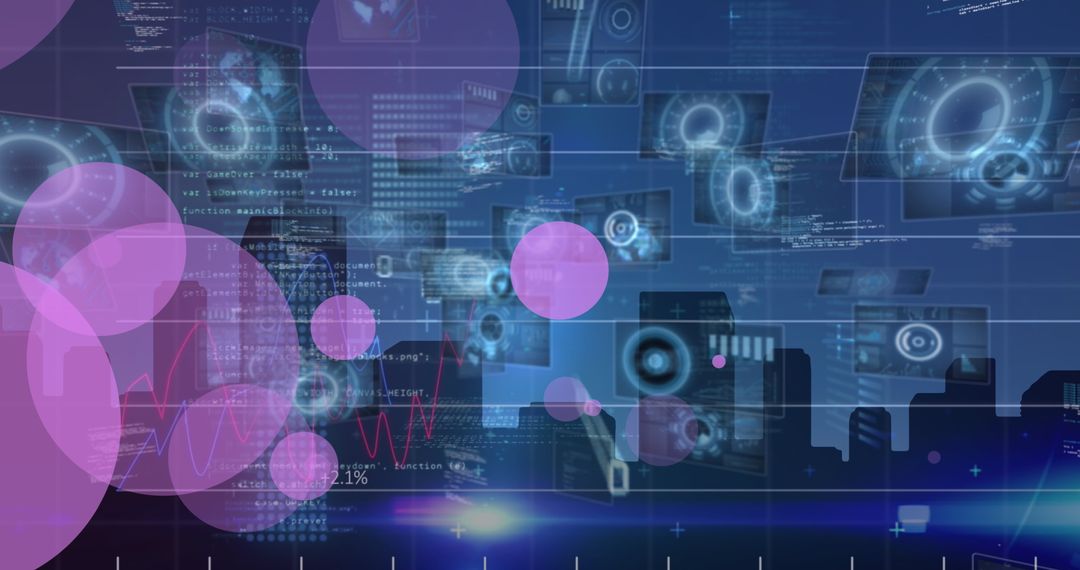 Digital Network Interface Over Futuristic Cityscape with Data Streams