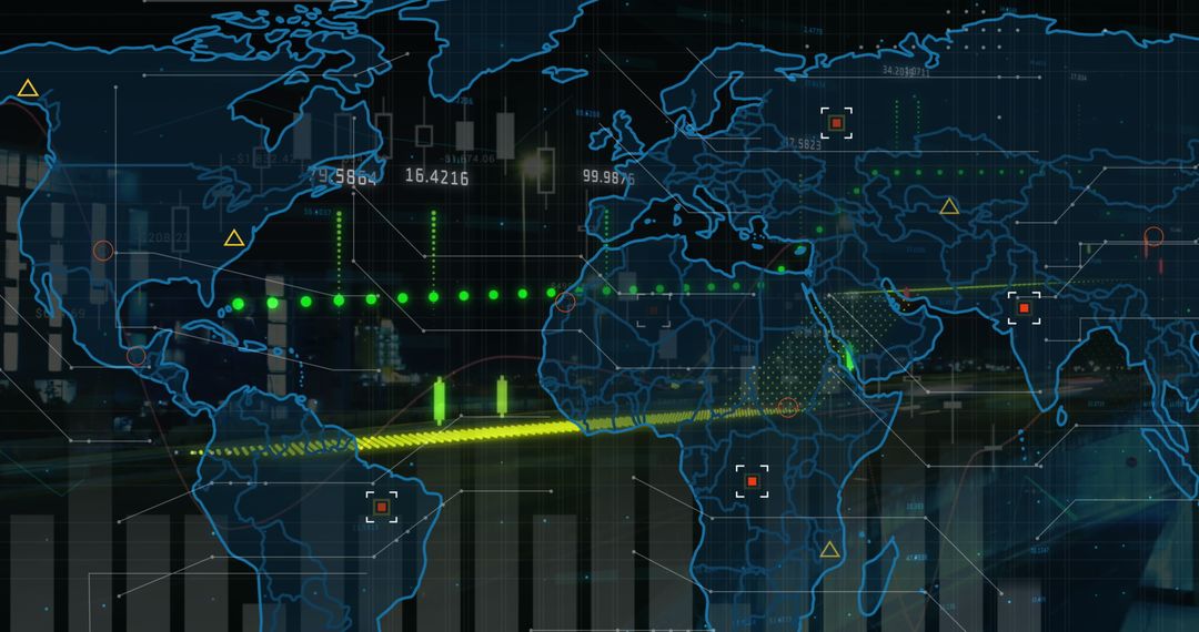 World Map Displaying Financial Data with Night City Traffic