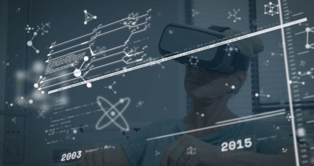 Woman Using Virtual Reality Headset with Futuristic Interface