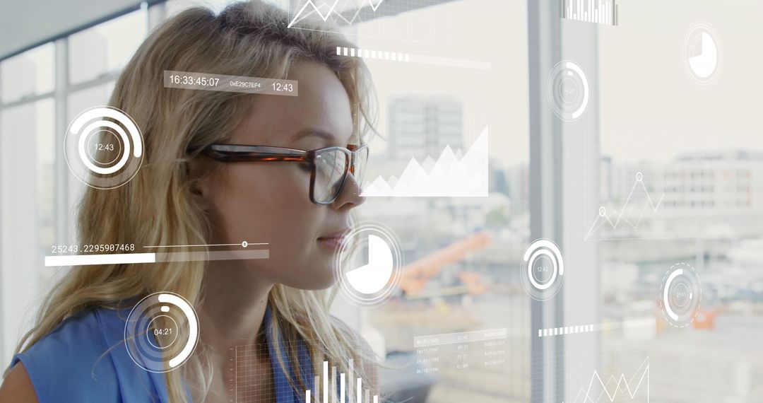 Businesswoman Analyzing Data with Augmented Reality Interface