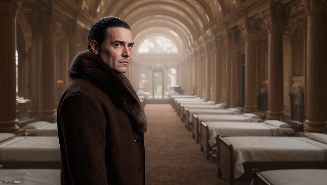 Solitary Man in Ornate Hall with Historic Architecture and Metal Beds