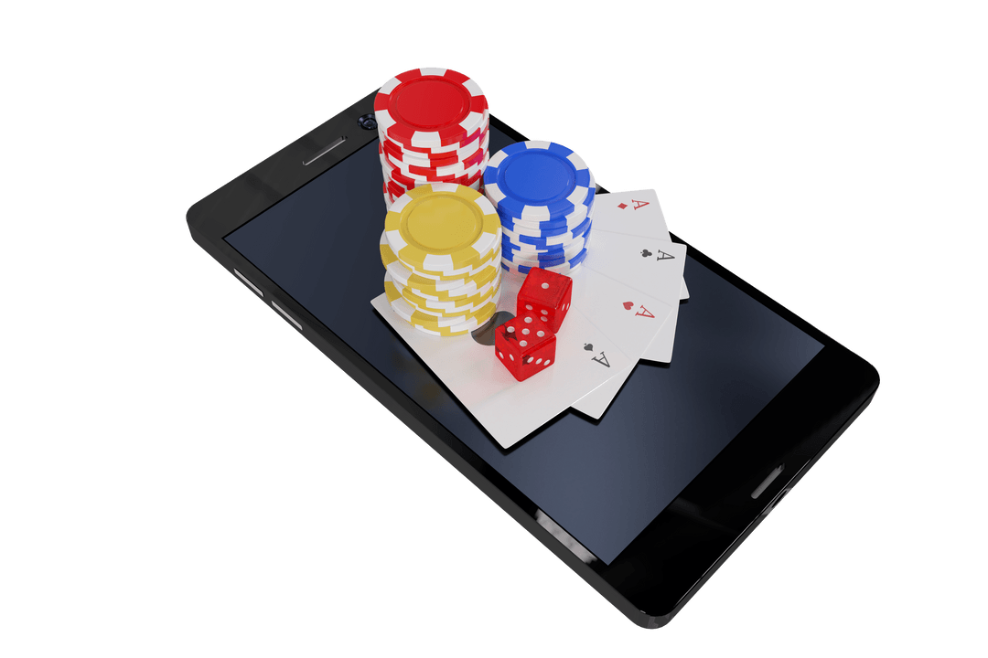 Transparent Smartphone Displaying Casino Chips and Playing Cards
