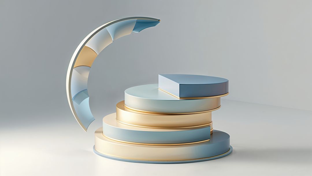 Abstract Geometric Sculpture with Stacked Blue and Gold Platforms