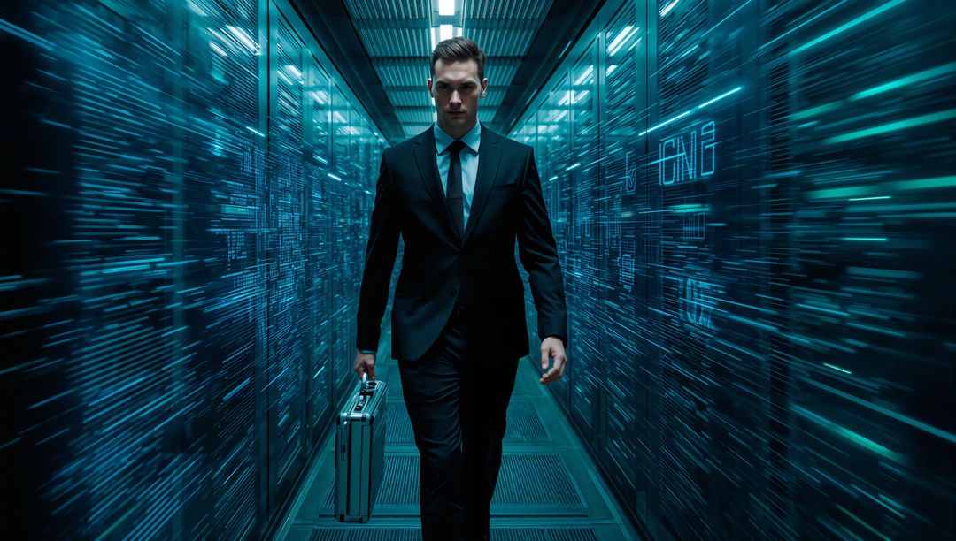 Executive walking through futuristic data center corridor carrying secure metal briefcase