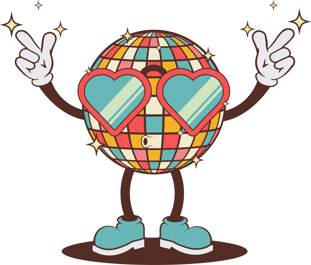 Colorful Cartoon Disco Ball with Heart Sunglasses on Transparent Background