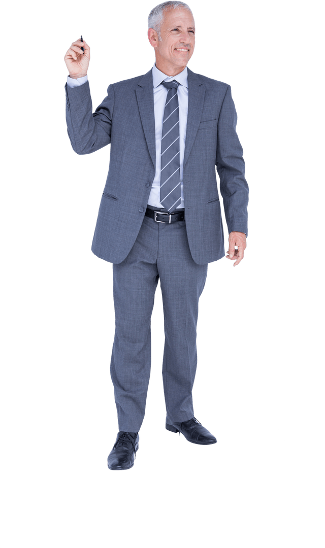 Smiling Businessman Writing on Transparent Background with Confidence