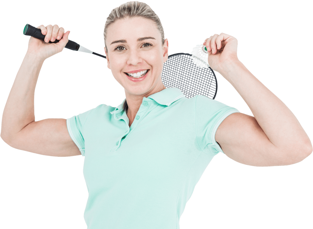 Cheerful Woman Playing Badminton with Transparent Racket