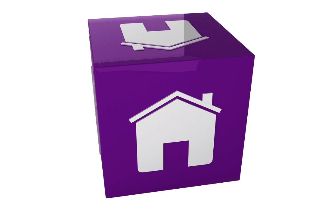 Purple Cube with House Icon on Transparent Background
