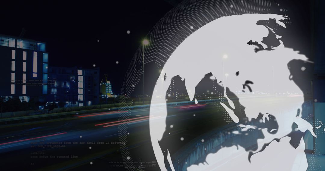 Digitally Generated Globe Over Cityscape at Night