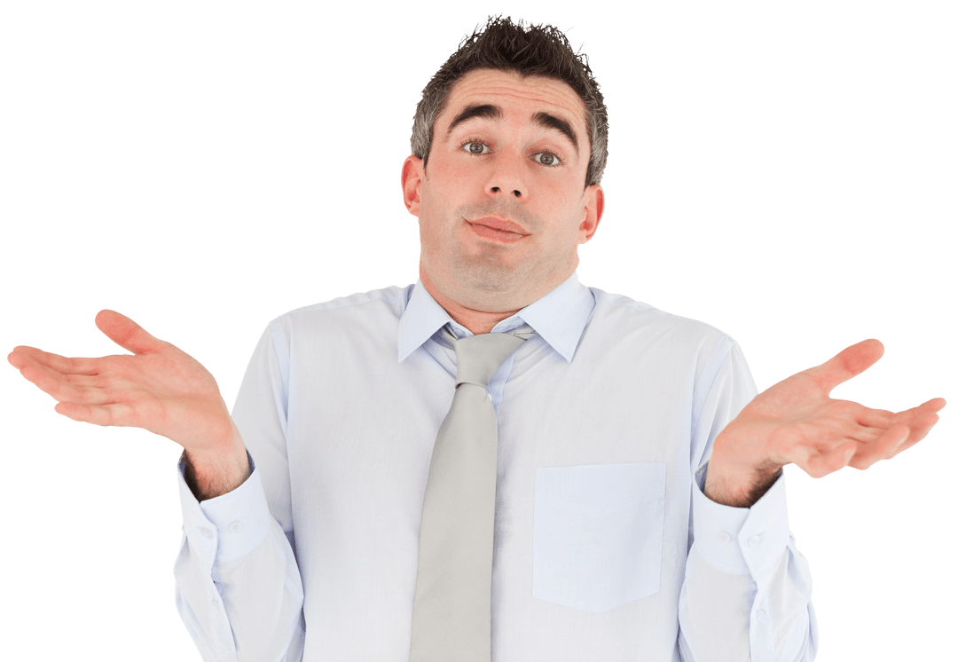 Confused Young Caucasian Businessman with Arms Raised on Transparent Background