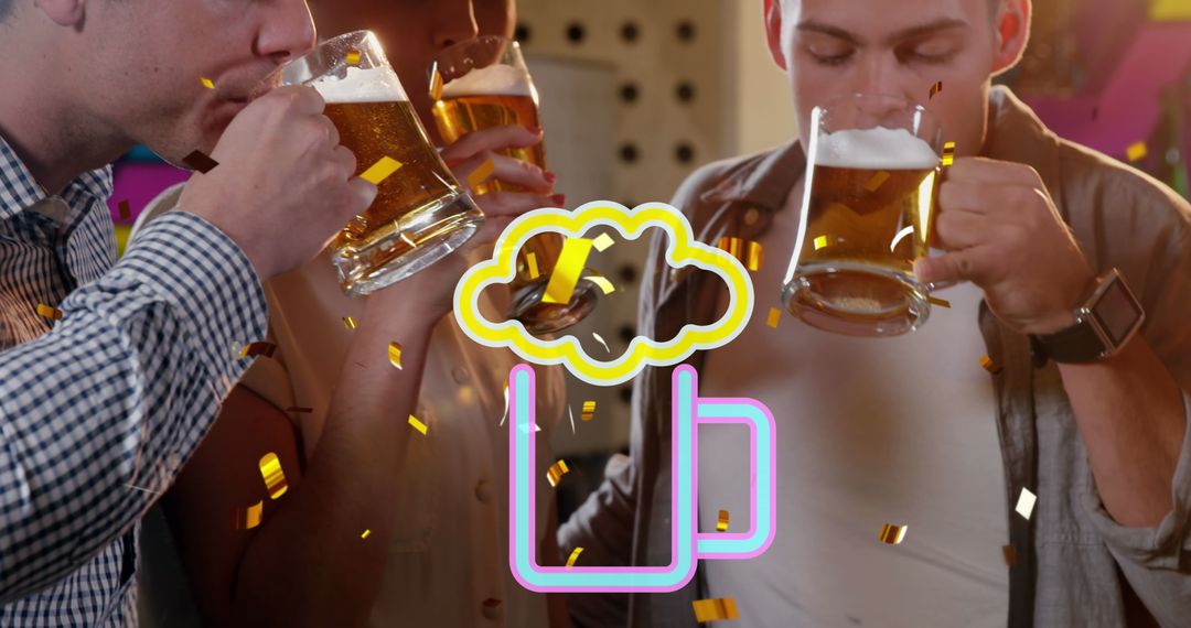 Friends Enjoying Beers with Digital Interface Overlay