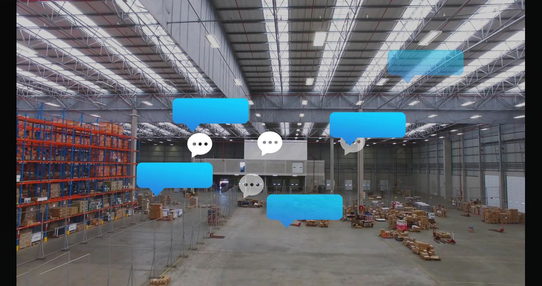 Smart warehouse communication with high-bay racking, pallets, floating chat bubbles