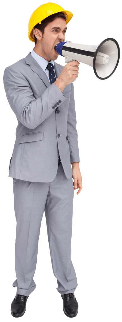 Transparent Businessman in Hard Hat Yelling with Megaphone