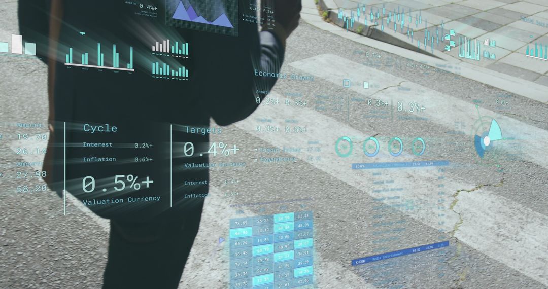 Man Walking Beneath Digital Financial Data Display