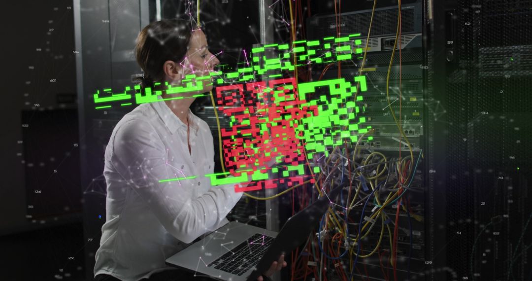 Female IT Professional in Server Room with Digital QR Code Interface