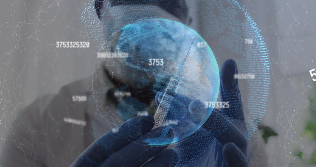 Doctor Handling Syringe with Digital Globe Overlay During COVID-19