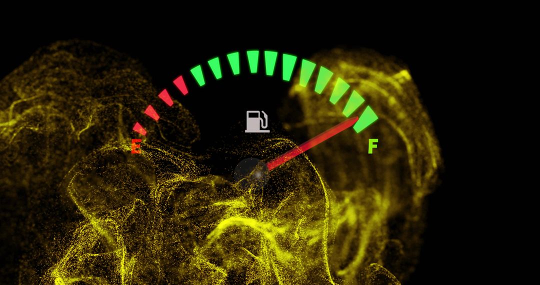 Glowing fuel gauge needle pointing to full with gold particle cloud and HUD arc display