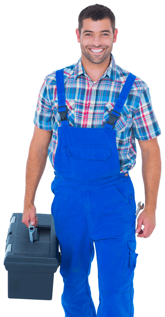 Smiling Handyman with Toolbox in Blue Overalls on Transparent Background