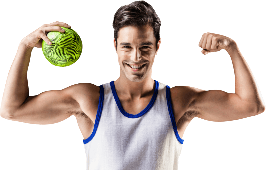 Athletic Man Flexing Muscles with Green Ball Transparent Background