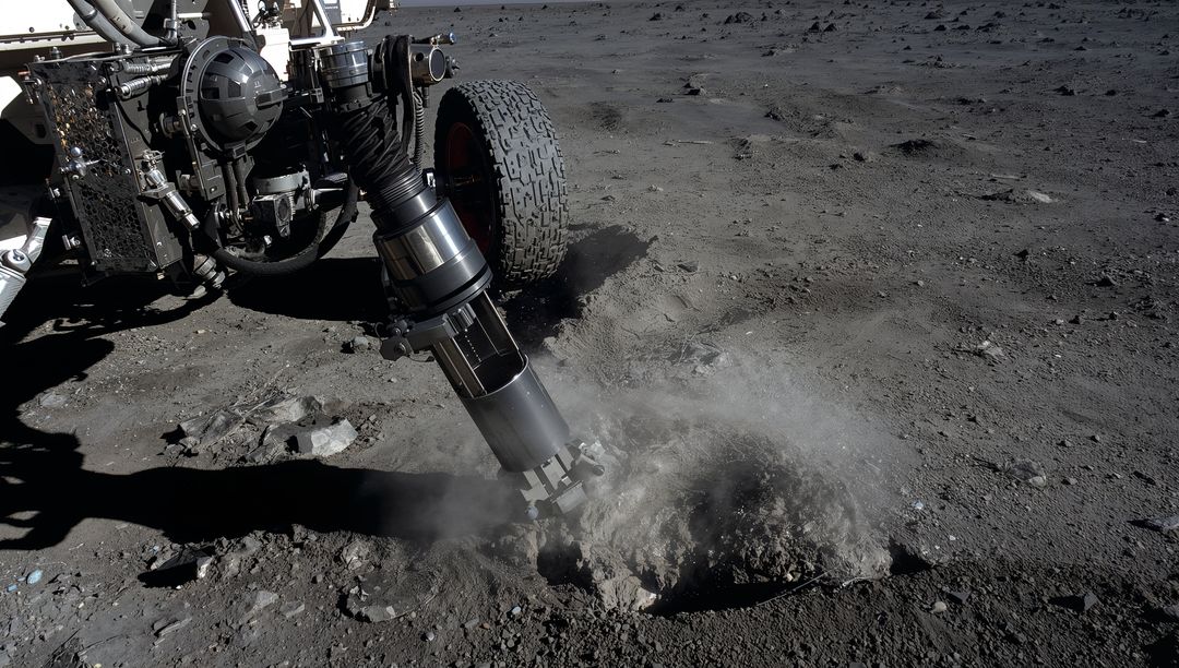 Robotic drill sampling lunar regolith beside rover wheel, dust plume rising on moon plain