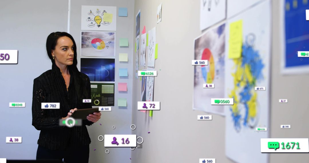 Business strategist reviewing metrics wall with charts, sticky notes and social overlays
