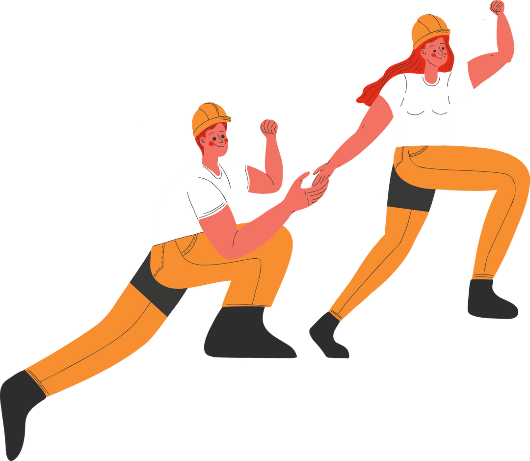 Flat Design Builders Lunging with Yellow Helmets on Transparent Background