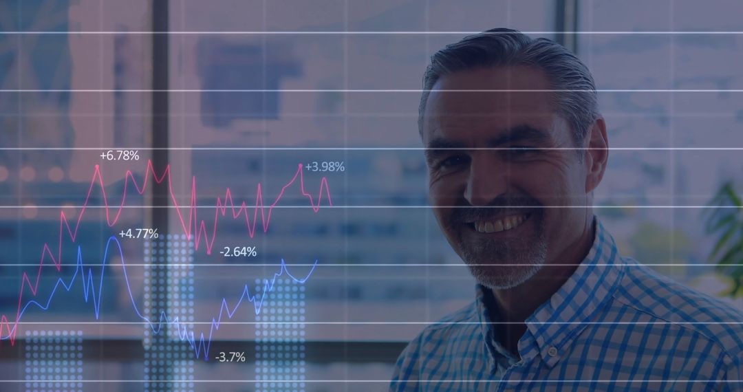 Smiling Businessman with Financial Data Overlay in Office