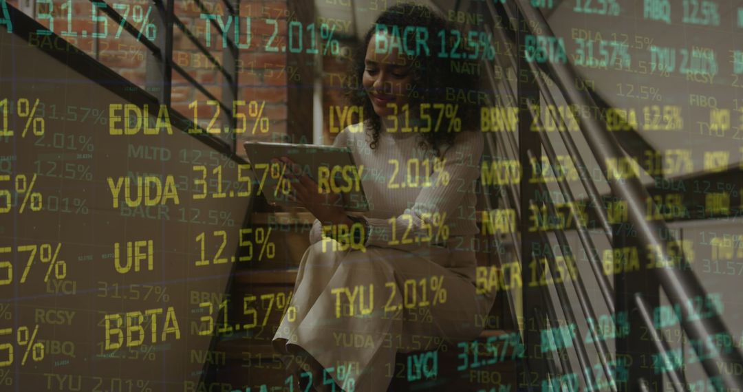 Stock Market Data Overlaid on Woman Using Digital Tablet in Office