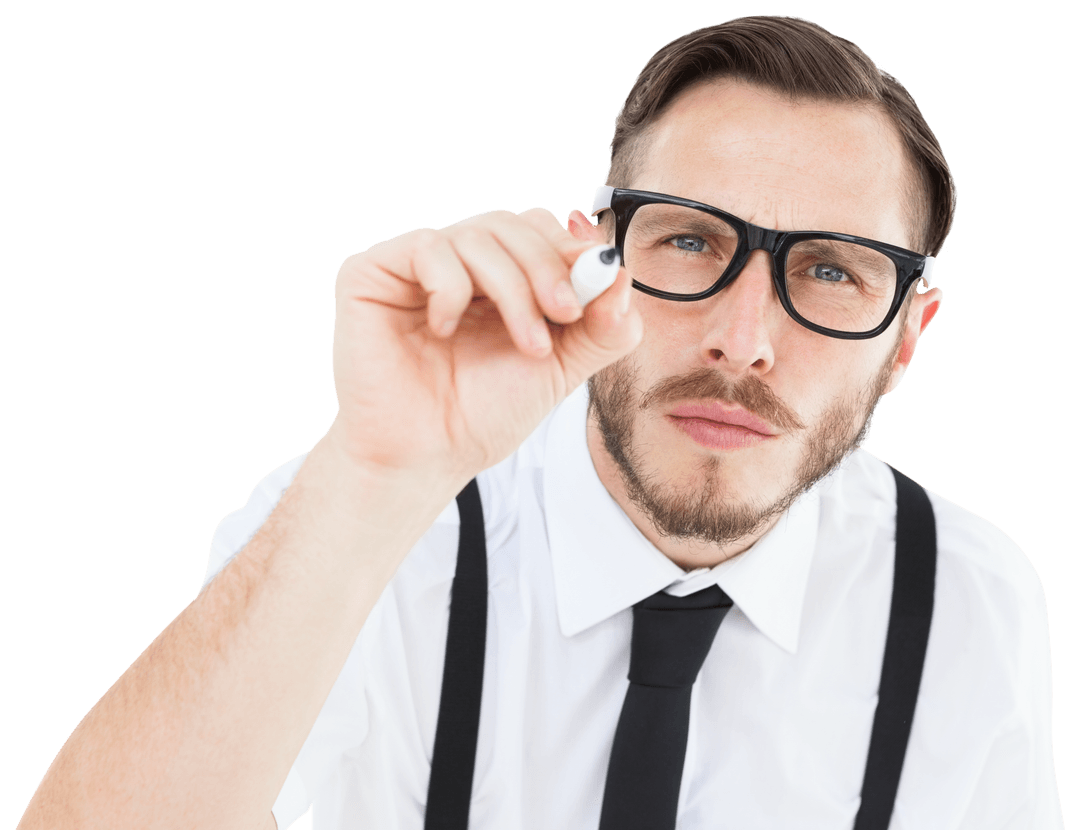 Transparent Geeky Businessman Writing on Clear Surface with Marker