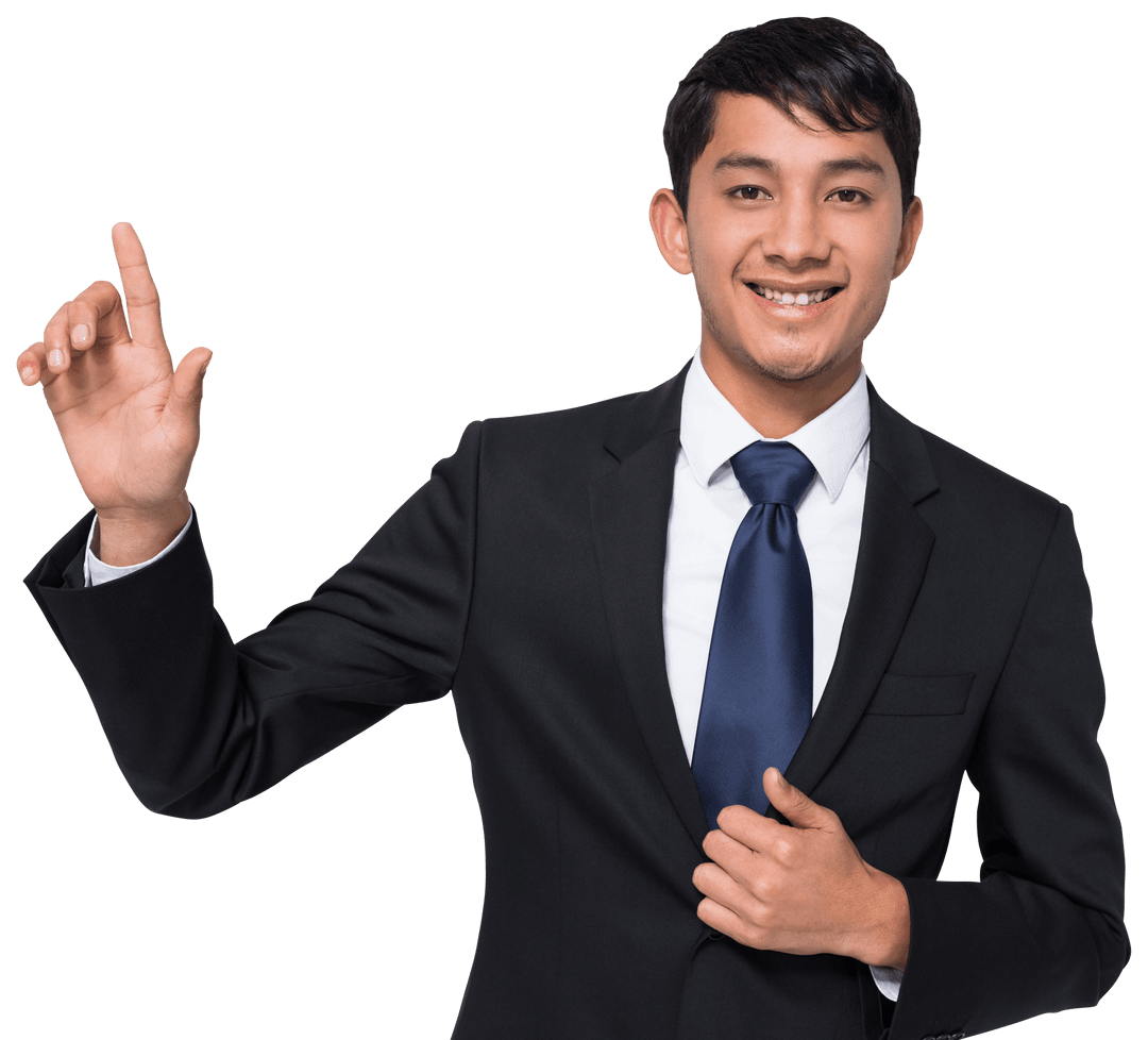 Cheerful Businessman Pointing Up on Transparent