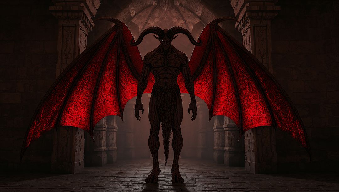Horned Demonic Figure Unfolding Wings in Gothic Hall against Crimson Light