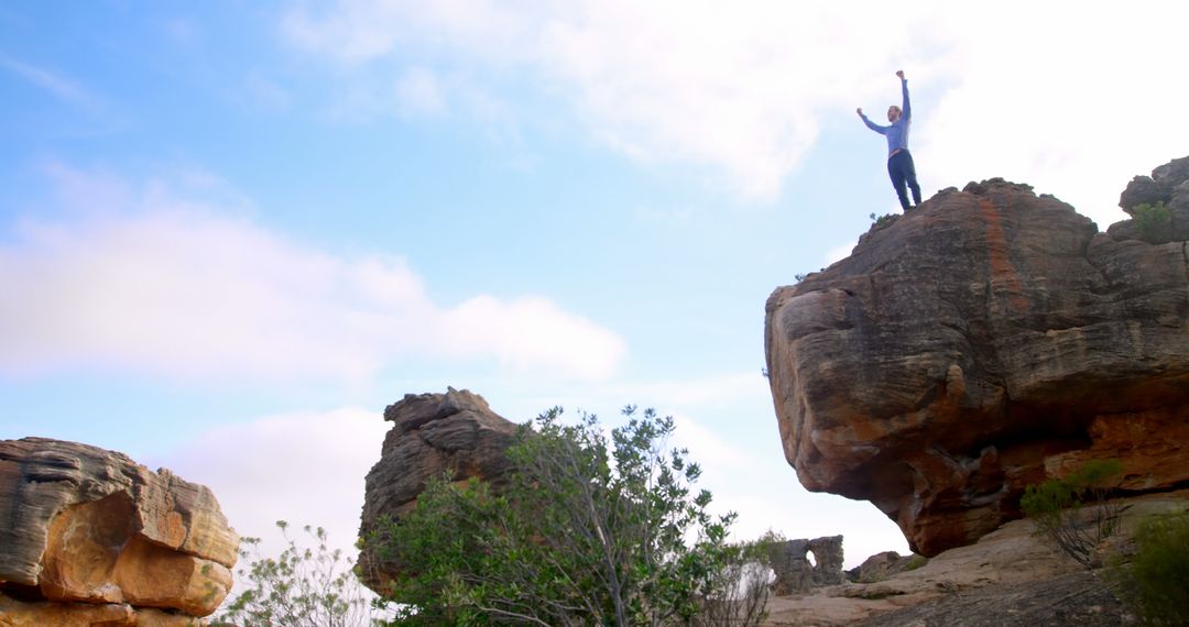 Man Celebrating Success on Top of Rock in Natural Landscape - Free Images, Stock Photos and Pictures on Pikwizard.com