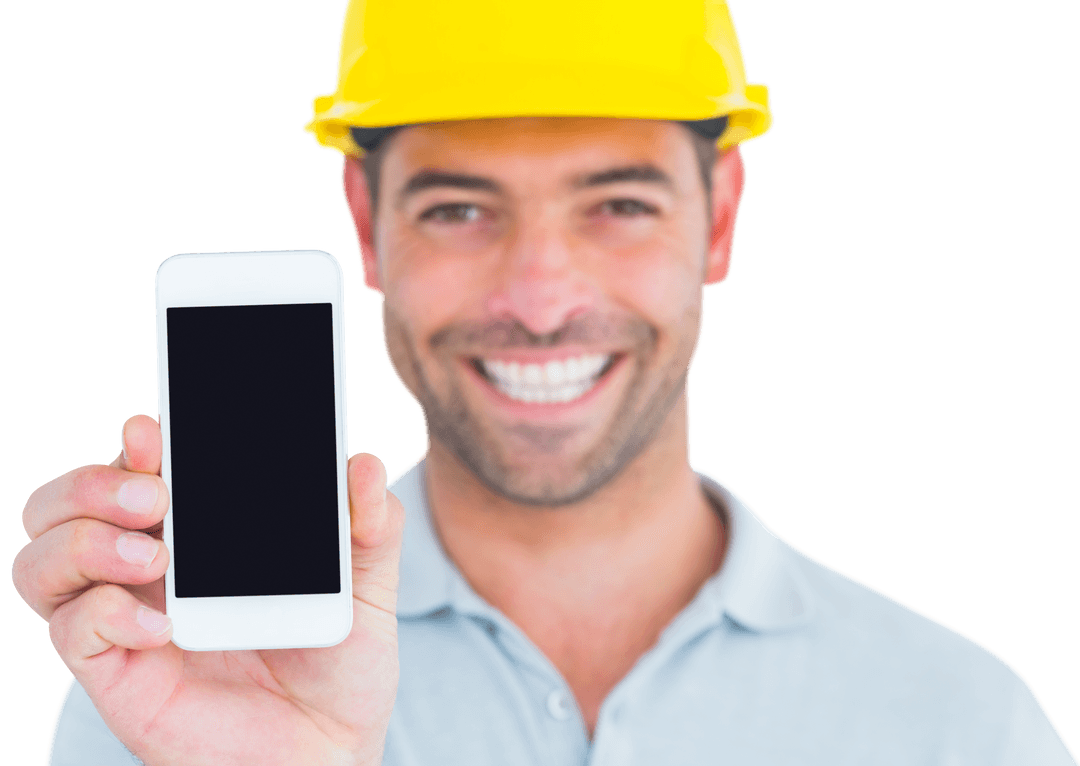 Smiling Handyman Presenting Smartphone with Transparent Background