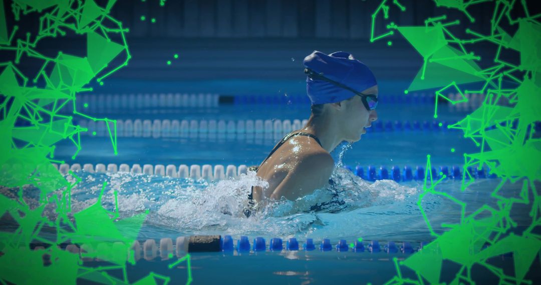 Competitive Swimmer Executing Freestyle Stroke with Vibrant Neon Overlays