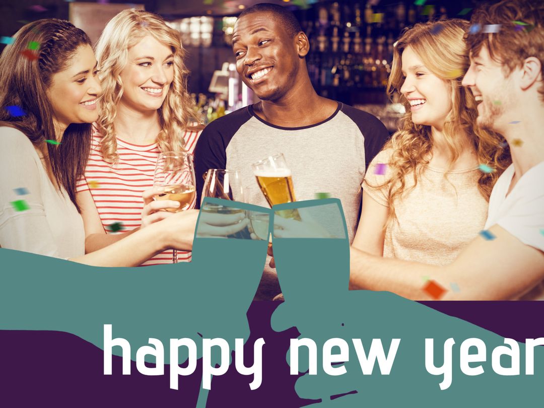 Happy Friends Toasting New Year Celebrations at Lively Bar Gathering