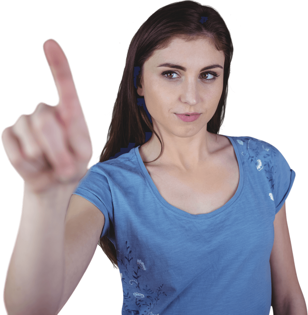 Confident Woman Pointing Up with Index Finger on Transparent Background