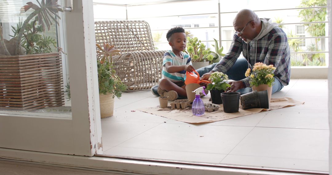 African american grandfather and grandson watering plants on sunny terrace - Free Images, Stock Photos and Pictures on Pikwizard.com