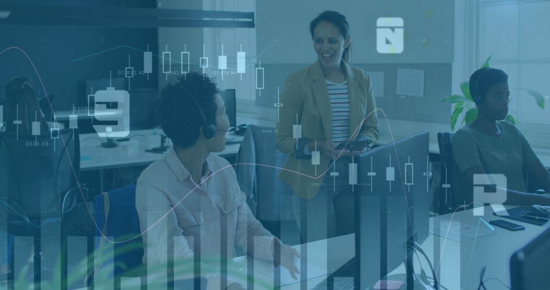 Diverse Team Collaborating in Modern Office with Financial Data Overlay