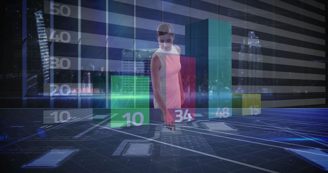 Data Analyst Managing Holographic Bar Charts in Futuristic Environment
