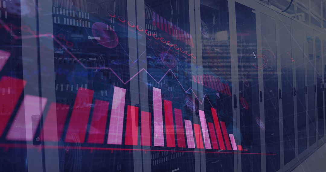Digital Graph and Coronavirus Cells Overlay in Modern Server Room