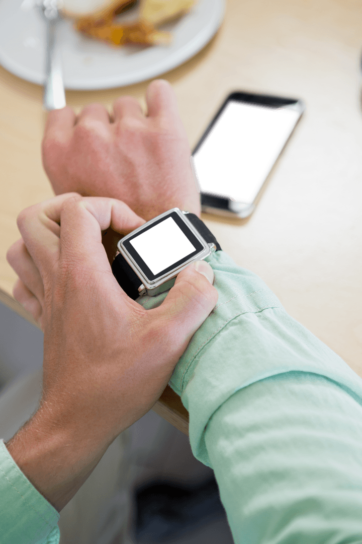 Man Checking Transparent Smartwatch Modern Technology Over Lunch